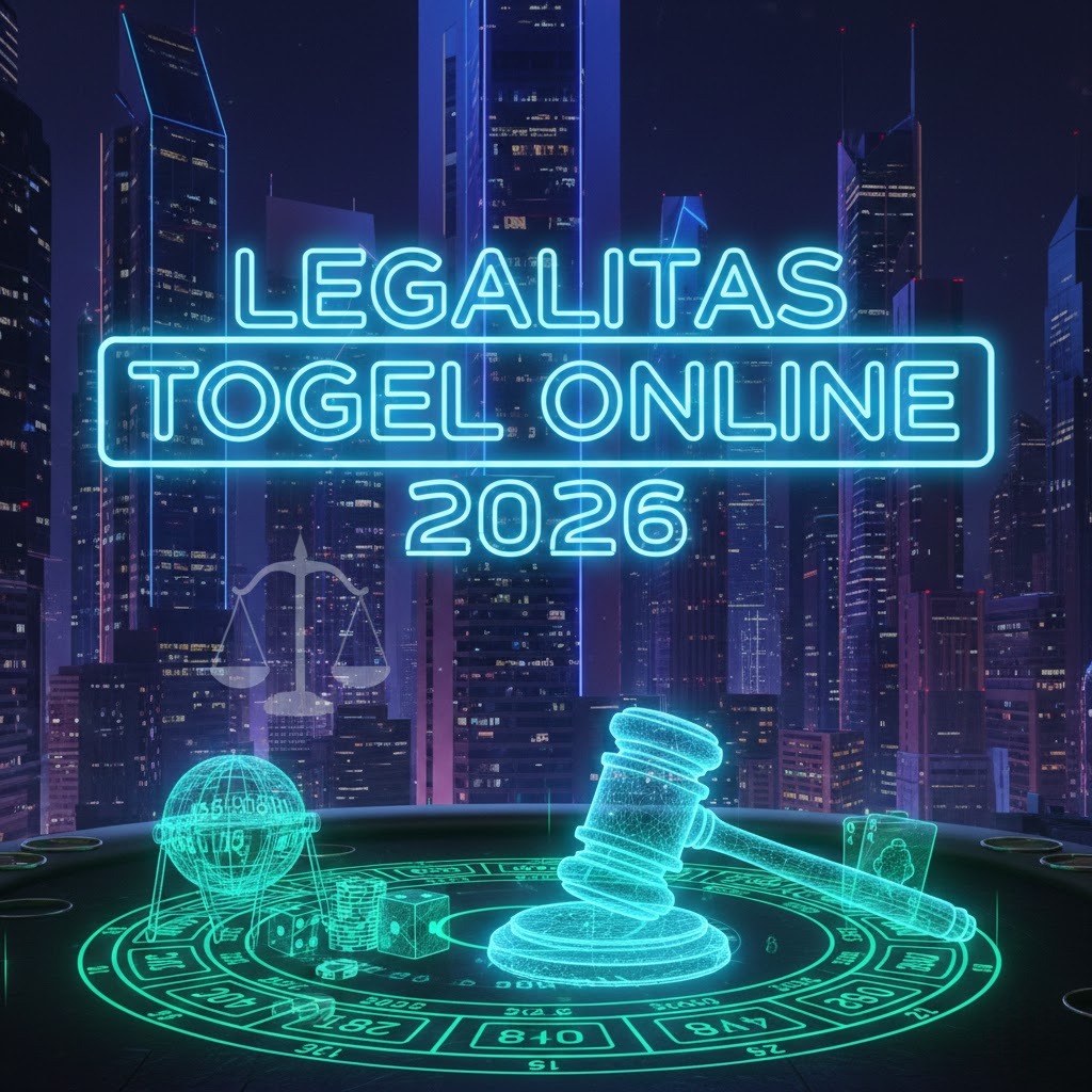 Ilustrasi grafis futuristik menampilkan palu hakim digital bercahaya neon dan elemen perjudian dengan teks Legalitas Togel Online 2026 di latar belakang kota cyber