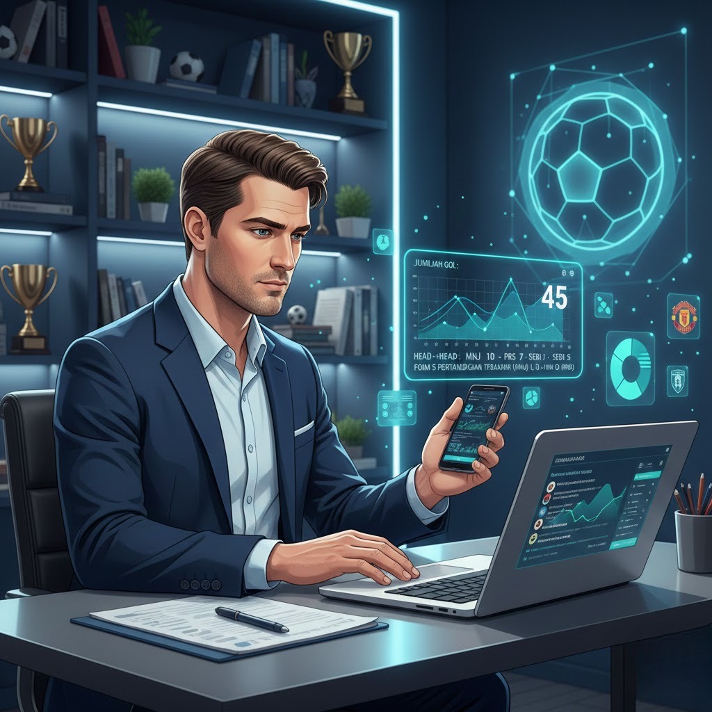 Pemain taruhan bola online di Dewiku88 sedang menganalisis statistik tim menggunakan laptop dan smartphone