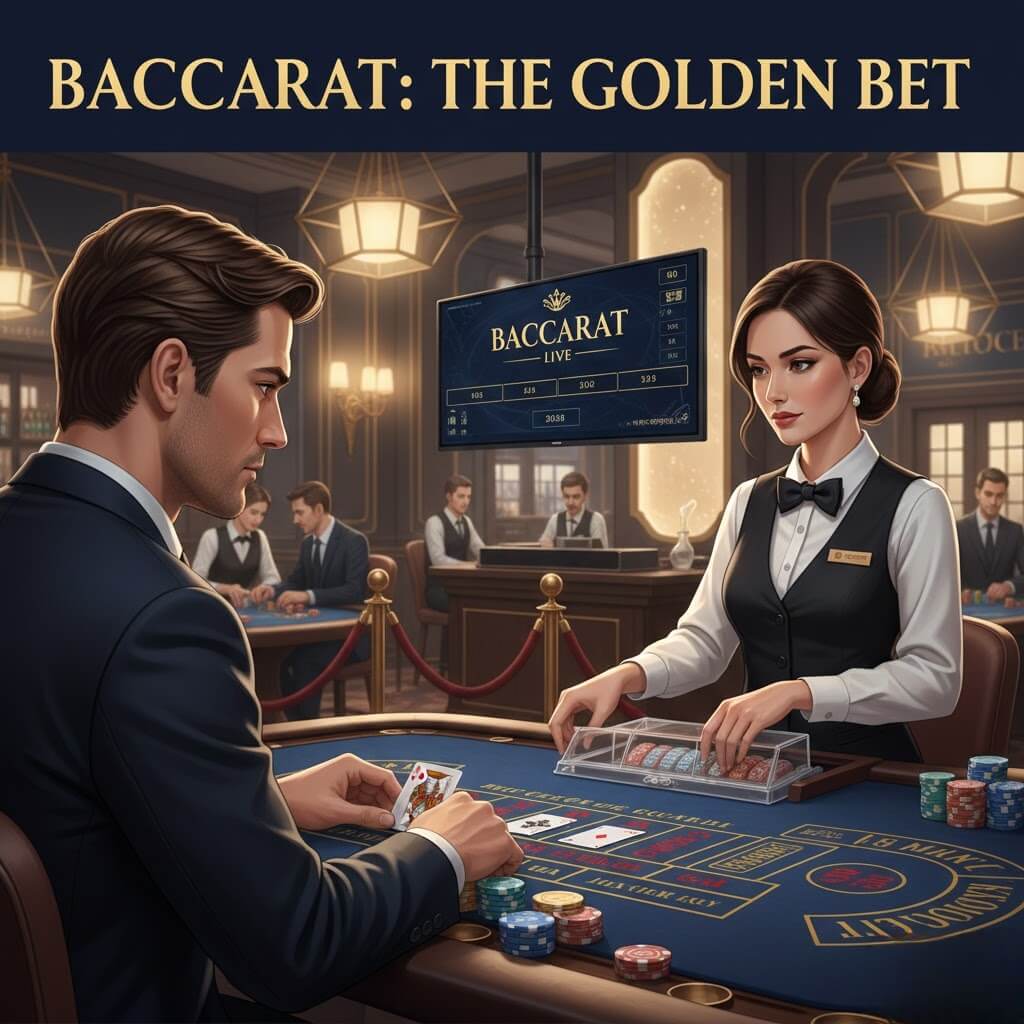 Bettor profesional menganalisis Baccarat Live Dealer, memperhatikan kartu dan chip, dealer nyata membagikan kartu, latar kasino modern, dominan biru dan emas, gaya realistis.